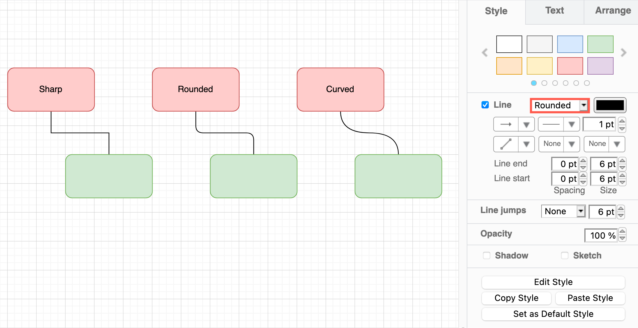 Style your connector using the options in the Style tab in the format panel on the right in diagrams.net