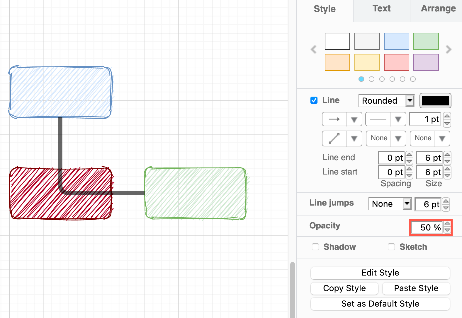 Style your connector using the options in the Style tab in the format panel on the right in diagrams.net