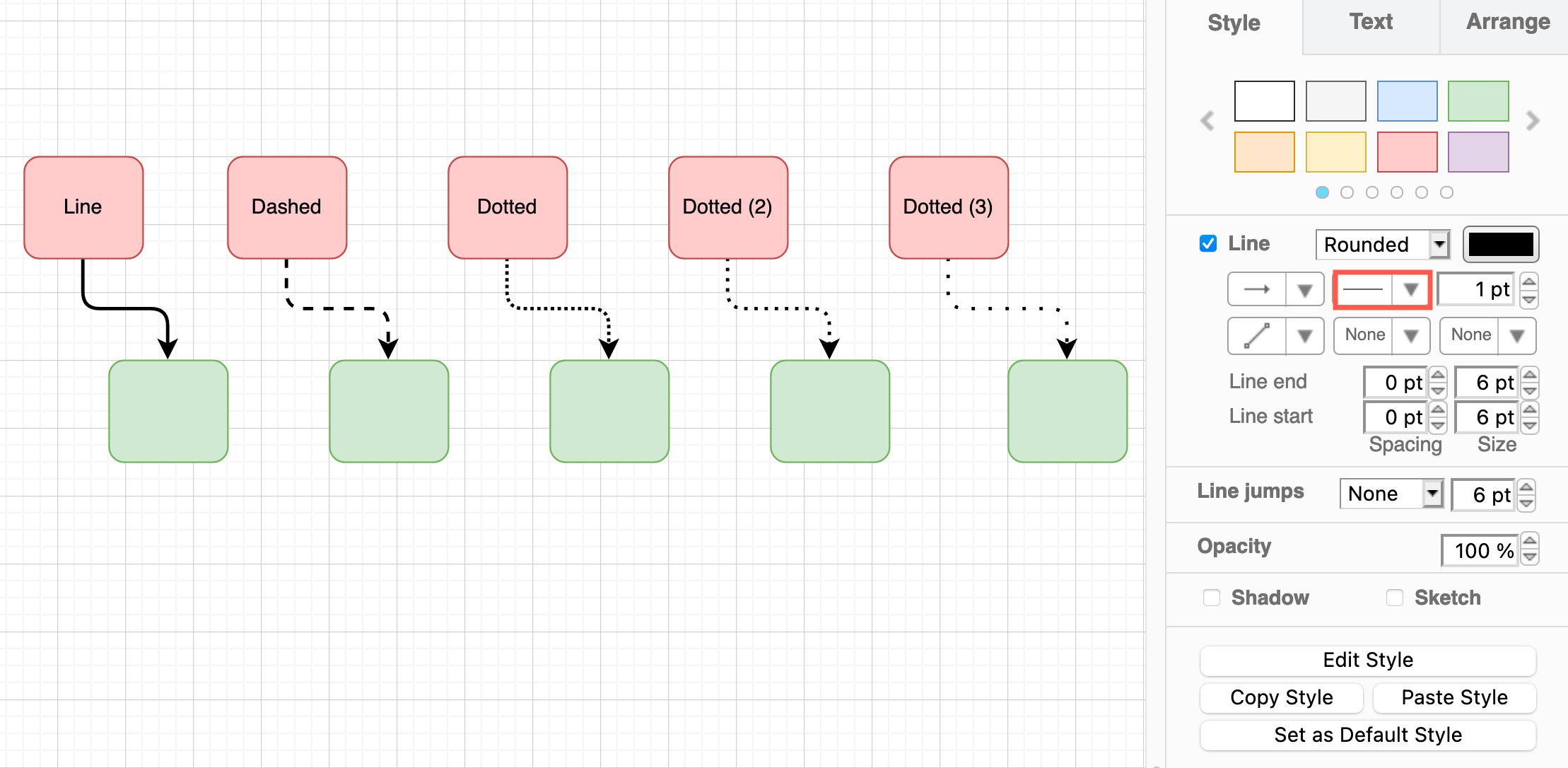 Style your connector using the options in the Style tab in the format panel on the right in diagrams.net