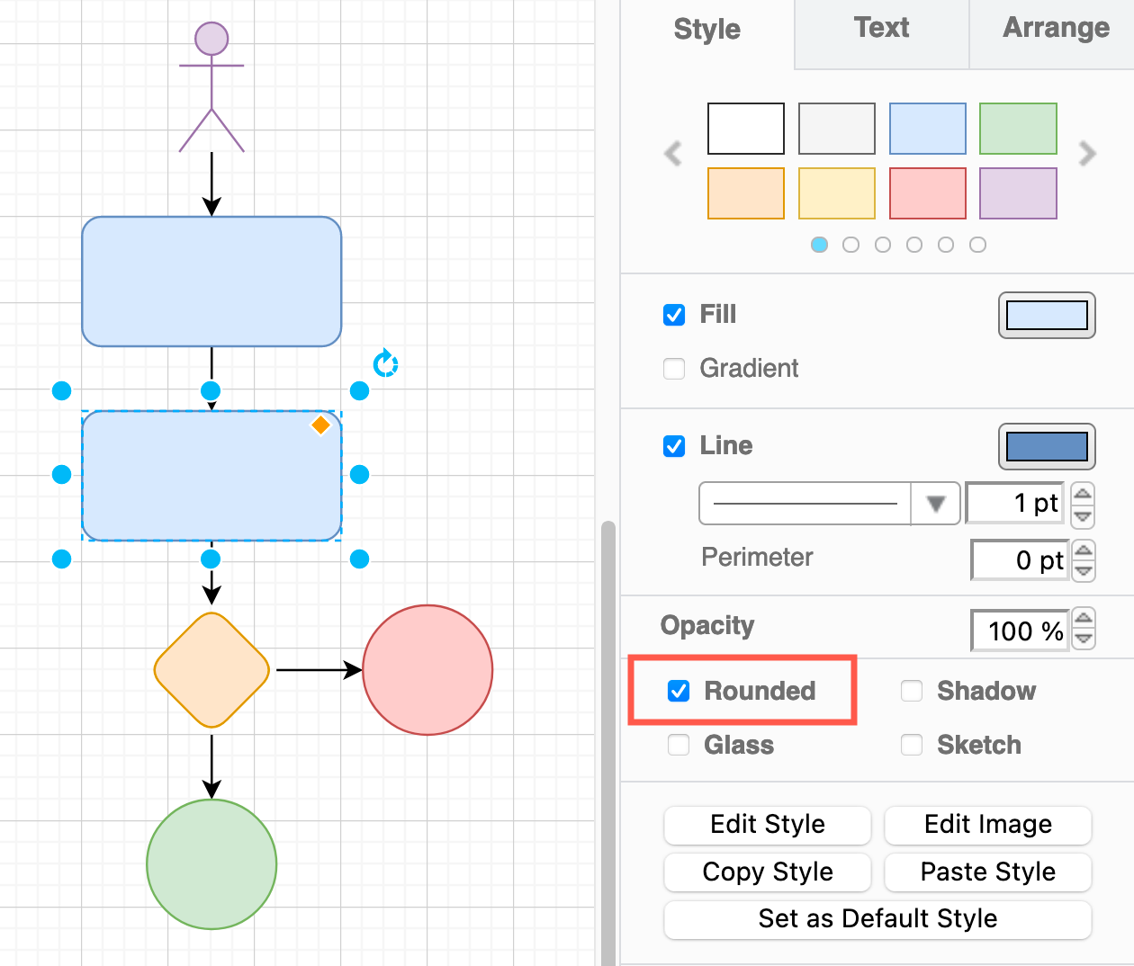 Select the Rounded checkbox in the Style tab to round sharp corners of shapes