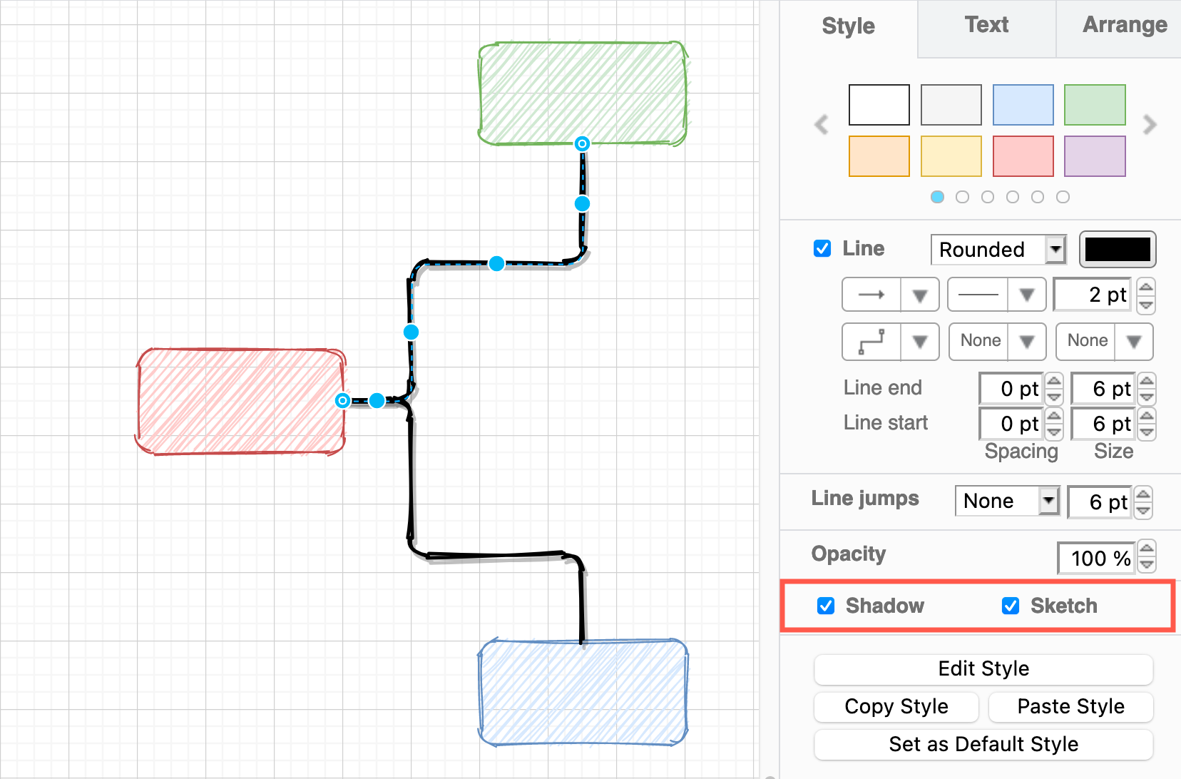 Style your connector using the options in the Style tab in the format panel on the right in diagrams.net