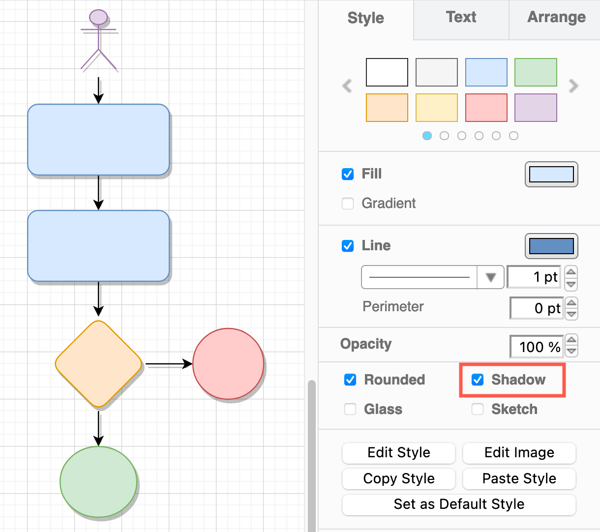 Click the Shadow checkbox to add a shadow to selected shapes and connectors