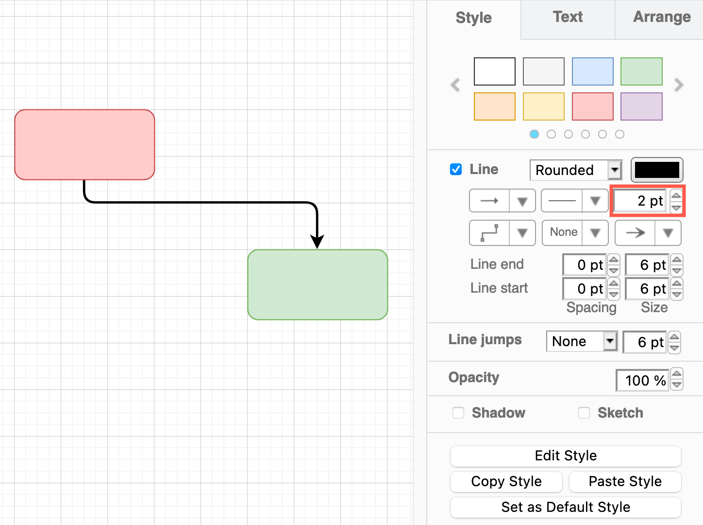 Style your connector using the options in the Style tab in the format panel on the right in diagrams.net