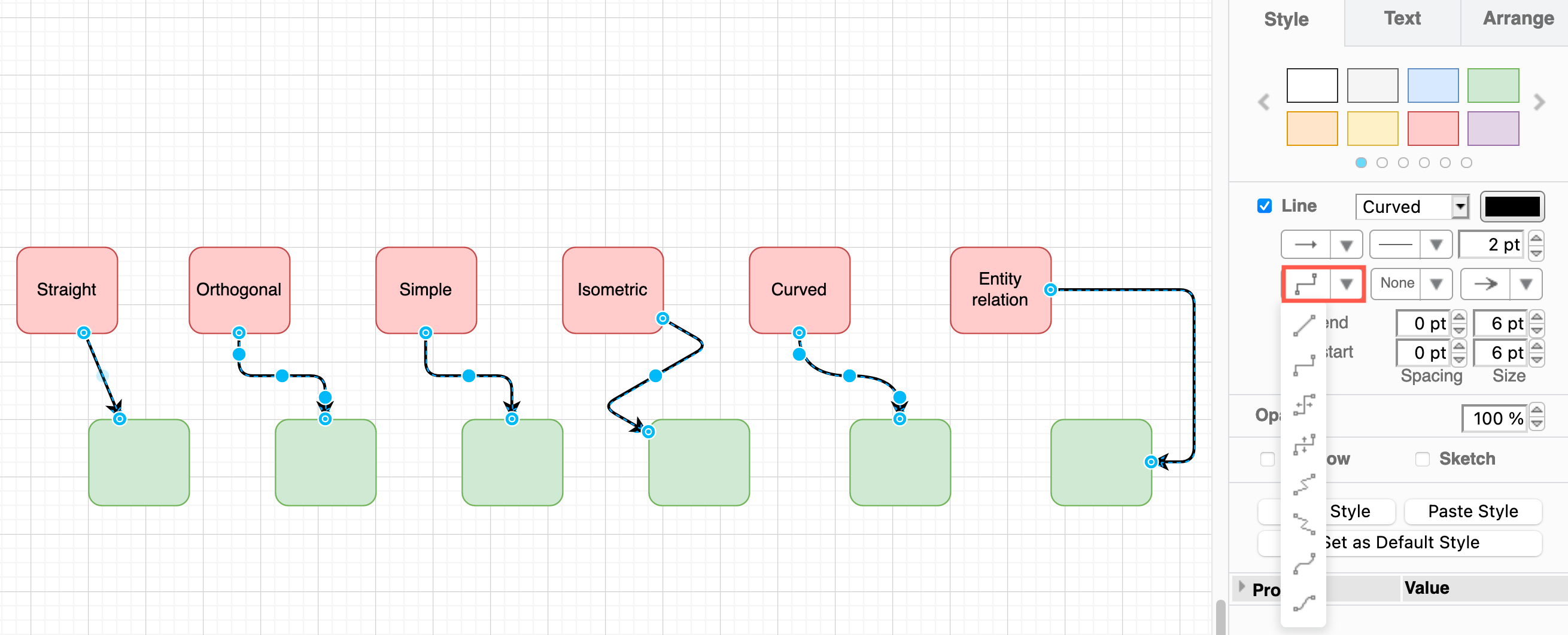 Style your connector using the options in the Style tab in the format panel on the right in diagrams.net