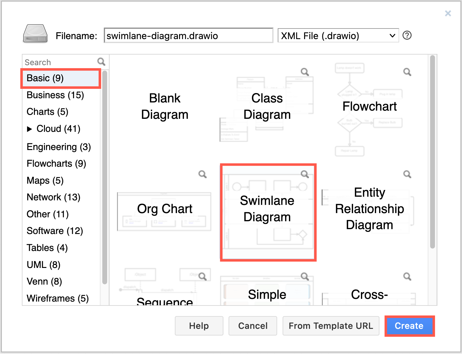 Select the basic swimlane diagram template to work with it in diagrams.net