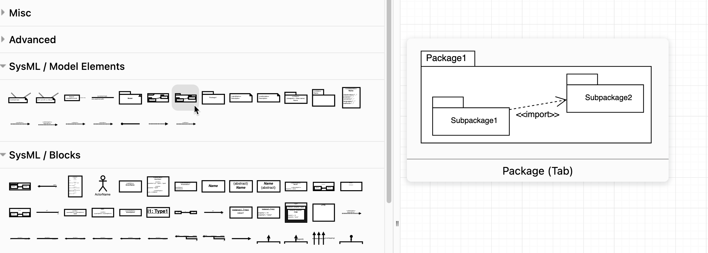 The SysML model element shapes contain various styles of packages, models, views and viewpoints