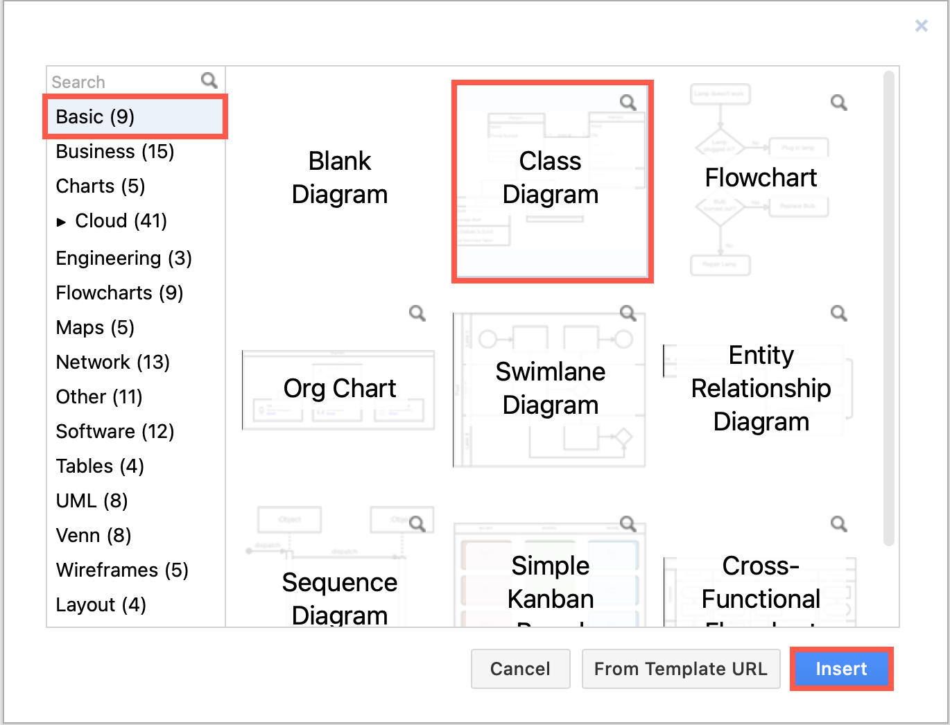 Insert a UML class diagram example from the template manager in diagrams.net