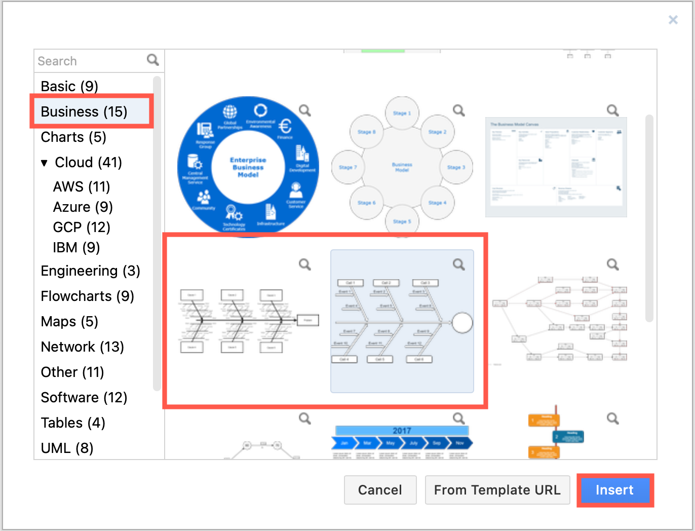 Add an Ishikawa diagram template to the drawing canvas in diagrams.net