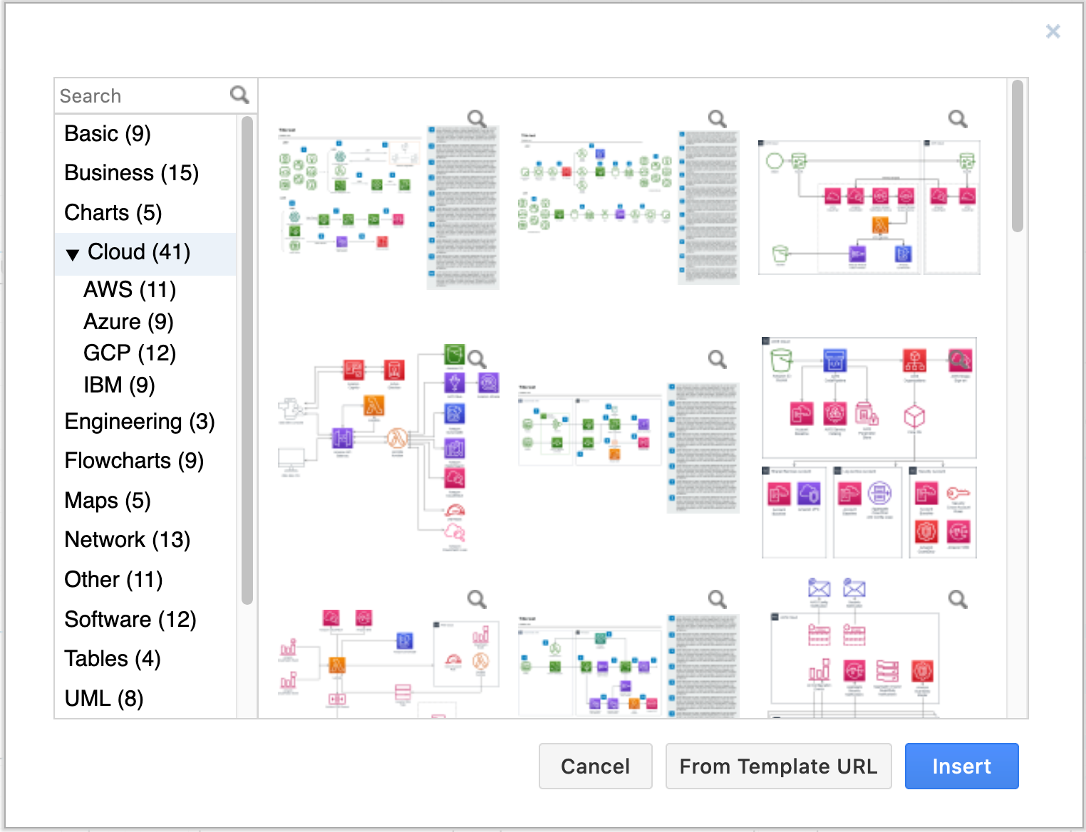 Open the template library dialog to see a wide range of diagram templates in diagrams.net