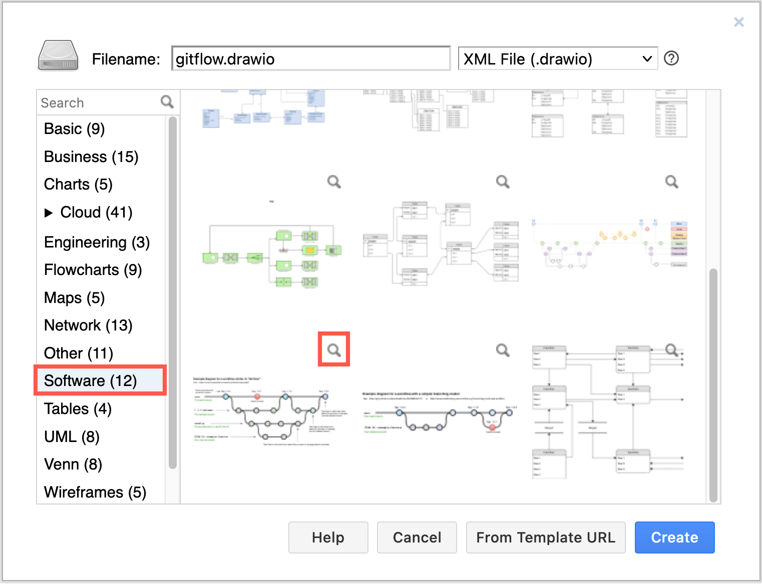 Start your gitflow diagram from one of the templates in diagrams.net