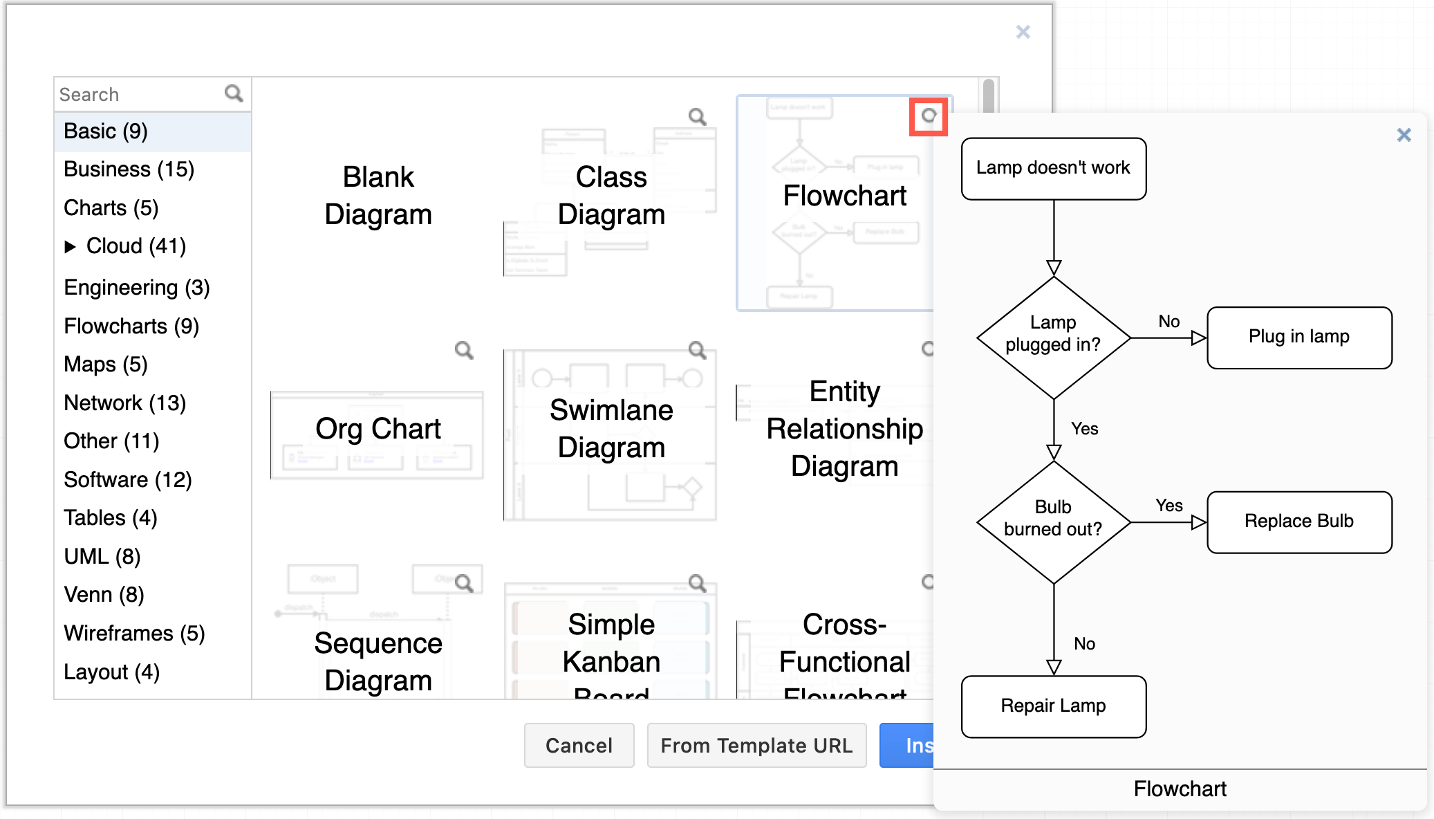 Hover over a template in diagrams.net to see a larger preview of it