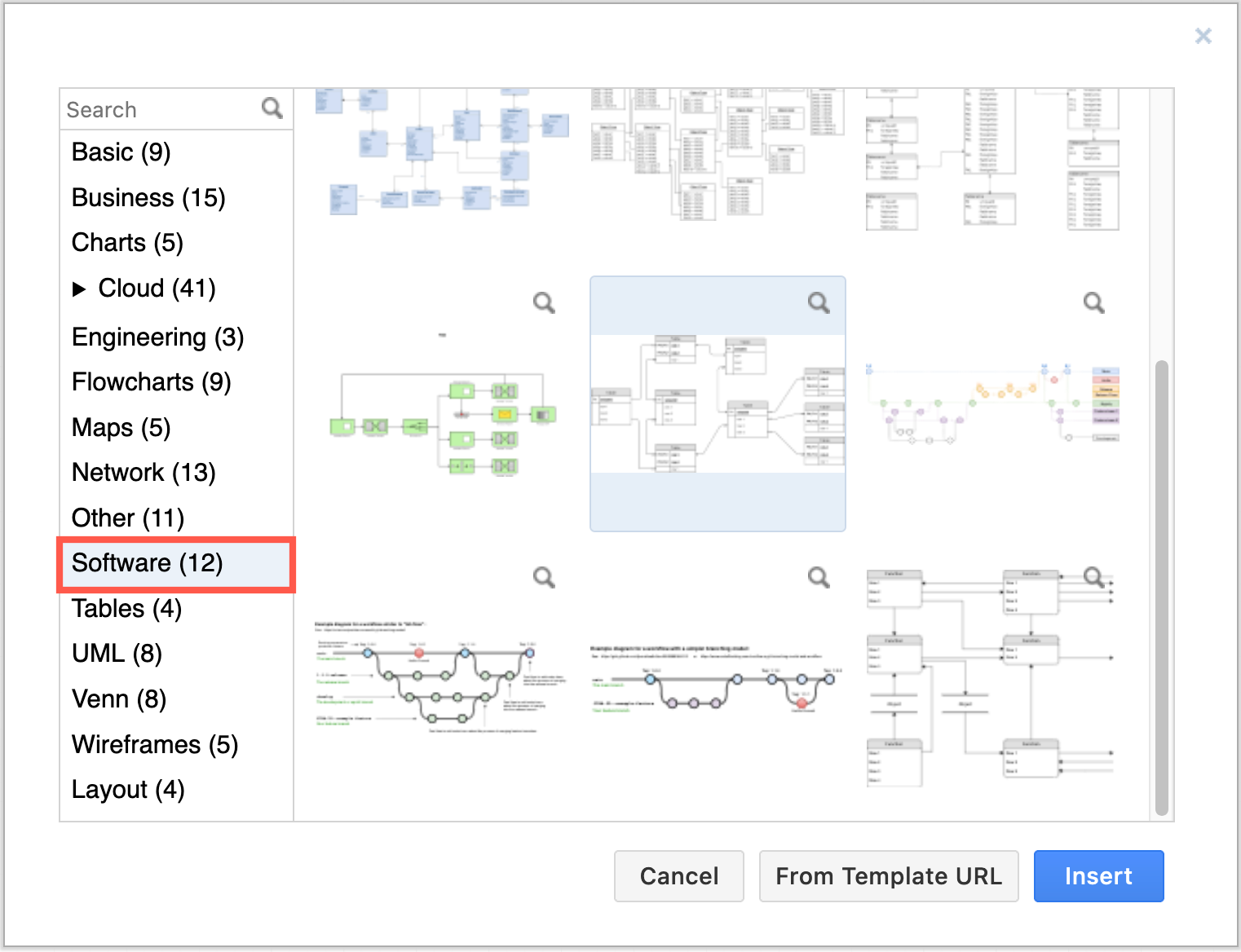 Select one of the many more complex entity relationship diagrams in the Software section of the diagrams.net template manager