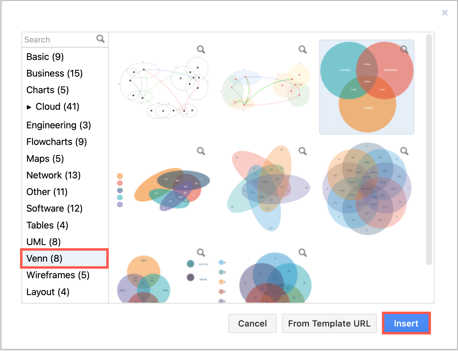 diagrams.net and draw.io have many Venn diagram templates with various numbers of sets