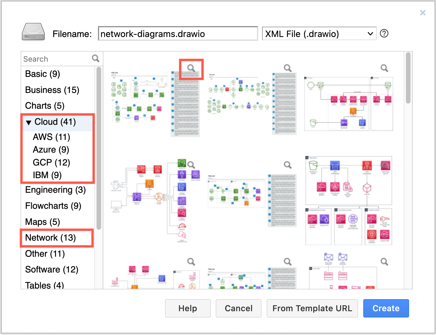 Network diagrams in the templates at diagrams.net