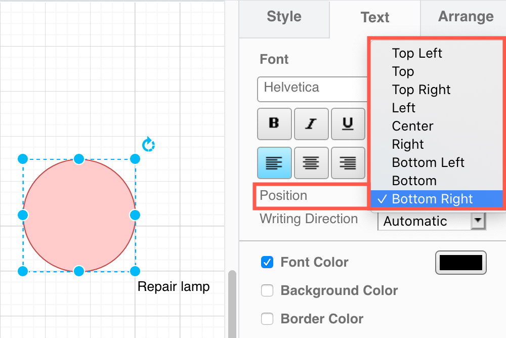 Select another position around the outside perimeter of a shape for its text label