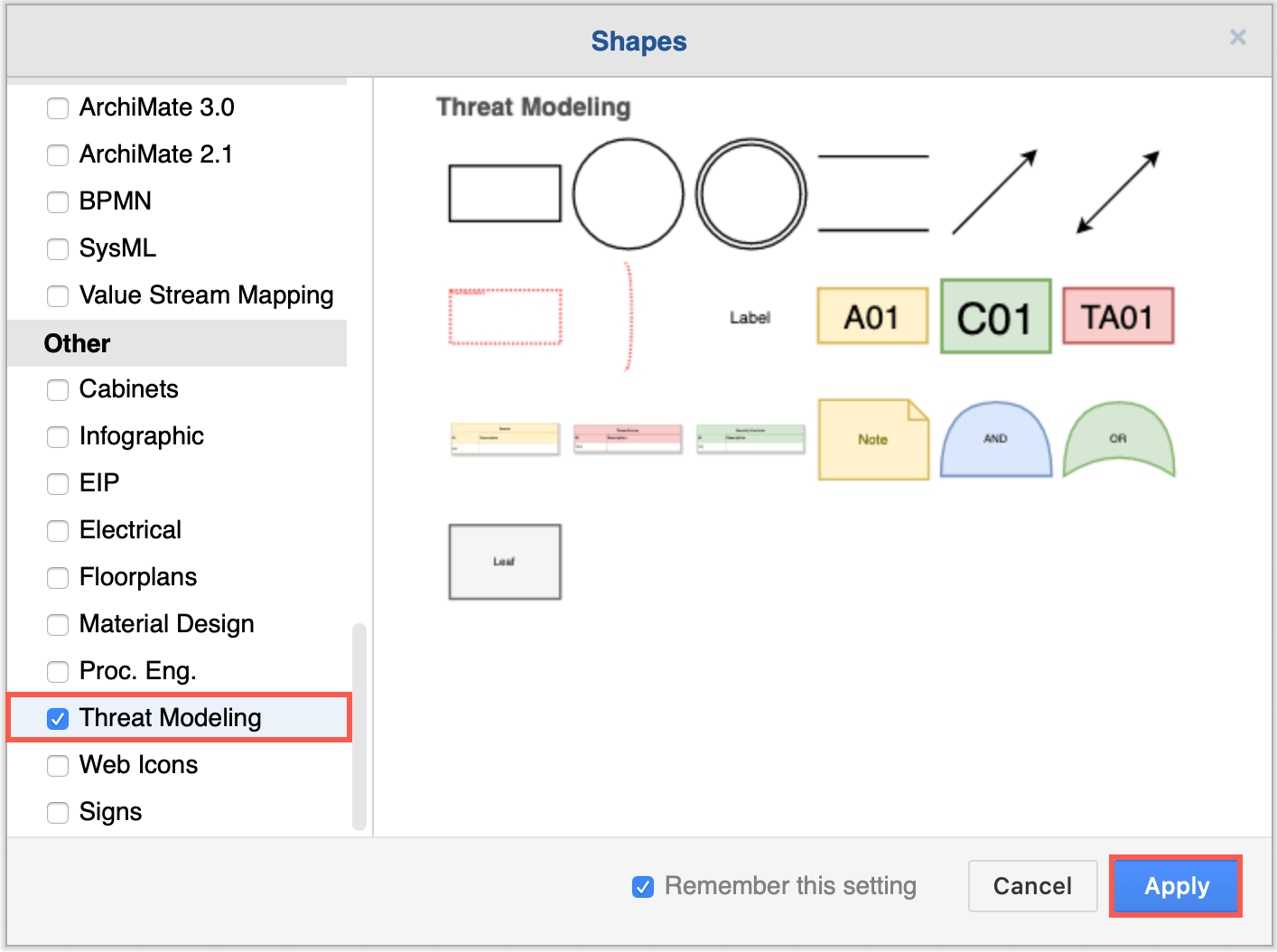 Enable the Threat Modeling shape library in diagrams.net