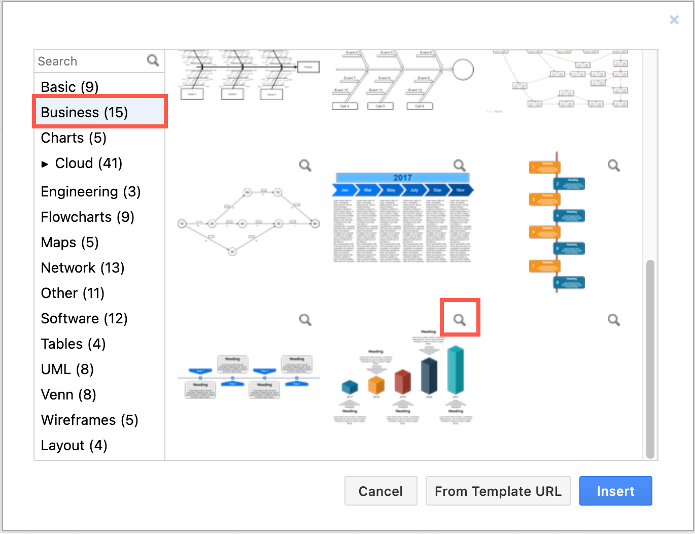 diagrams.net provides you with a variety of timeline templates in the Business category - click on the magnifying glass on any template to see a larger preview