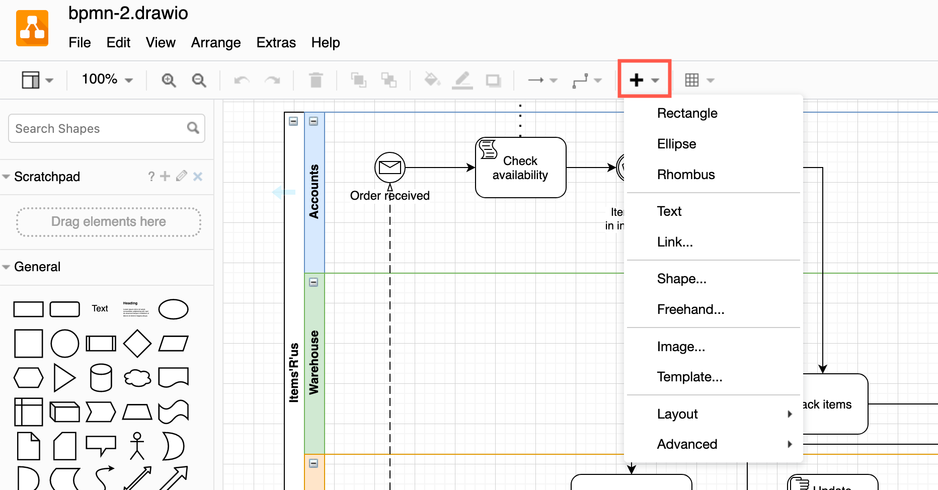 You can insert a wide range of shapes, text, links, layouts, images, templates and more via the Insert tool on the toolbar in diagrams.net