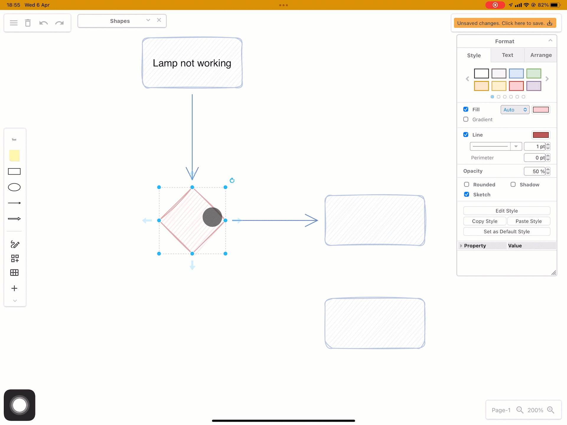 Tap and drag a connector from the direction arrows on one shape and release over another shape to connect the two