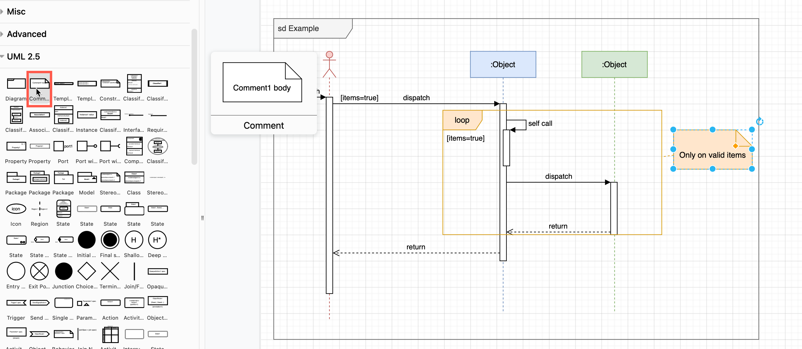 Use the Comment shape in the UML 2.5 shape library to include additional information on a sequence diagram in diagrams.net