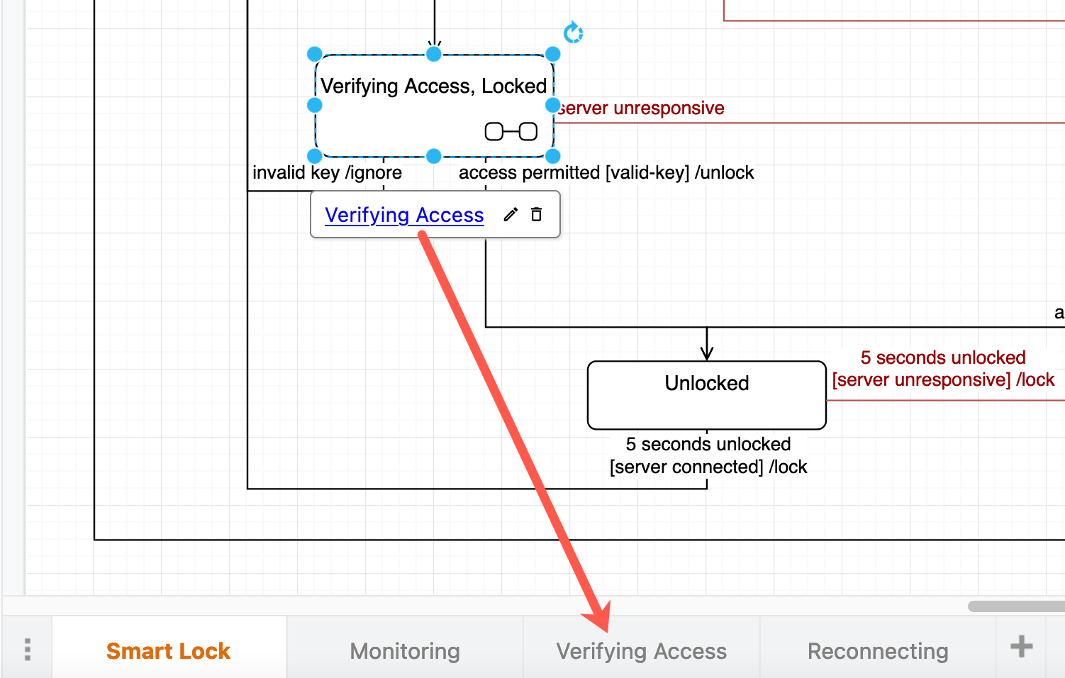 Link top-level composite shapes to sub-state diagrams on another page in your multi-page diagram