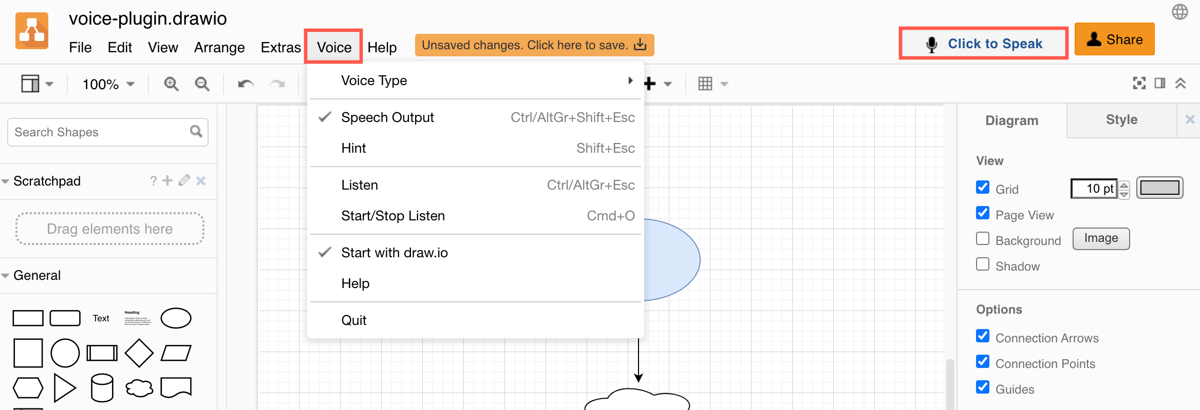 Interact with your diagram by speaking to it via the Voice menu provided by the voice plugin in diagrams.net