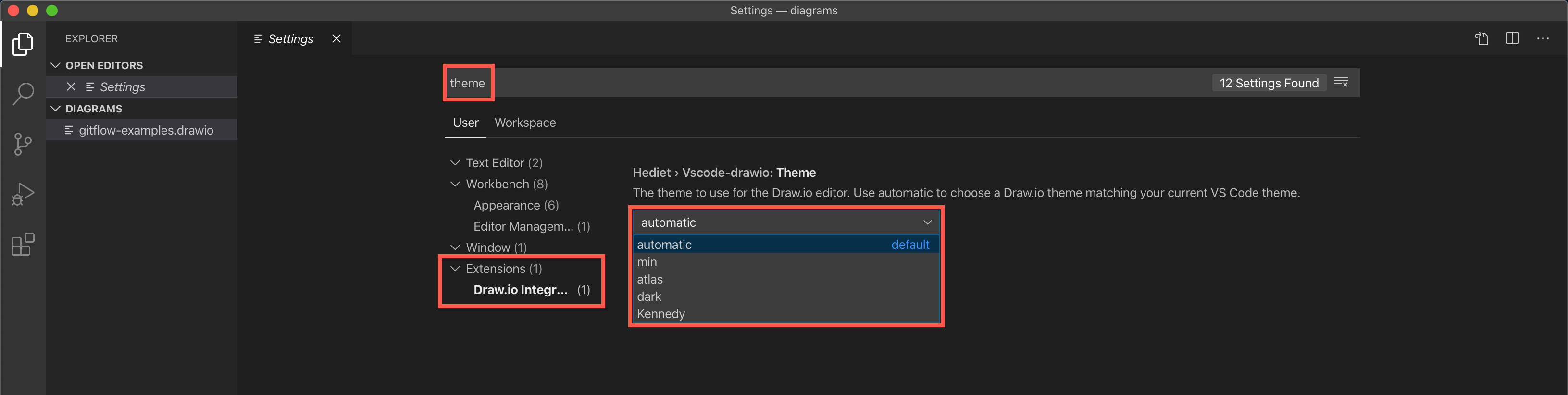 Change the diagram editor theme via the VS Code Settings