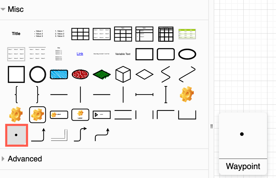 Drag the waypoint shape from the Misc shape library in diagrams.net