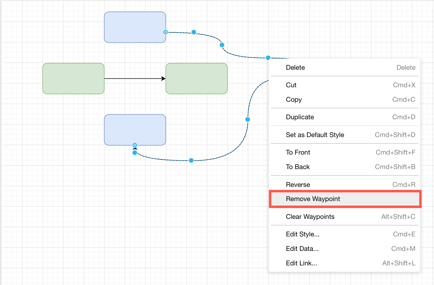 Use the context menu to remove a waypoint from a connector