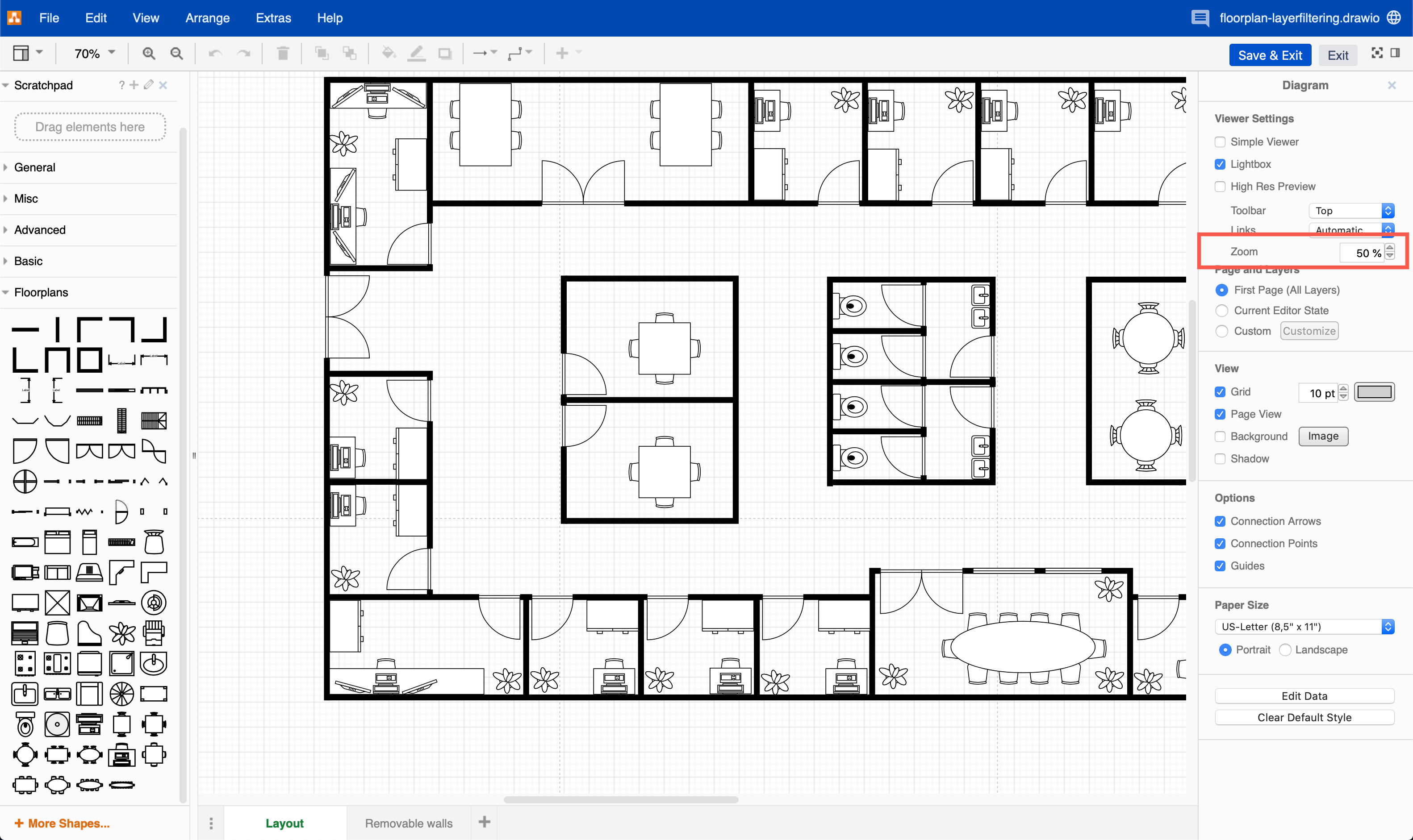 Change the zoom on the diagram to change the size of the viewer in draw.io for Confluence Cloud